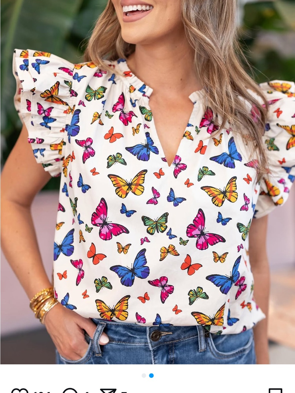 Women's White Butterfly Print Ruffle Sleeve Blouse